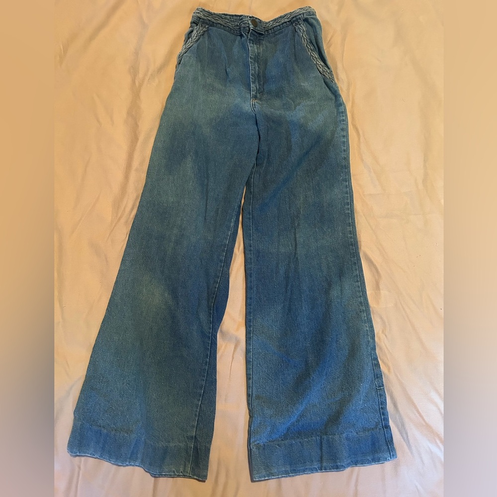 Vintage 1970’s Bell Bottom Jeans Braided Waist Rare  Original Jeans One Owner